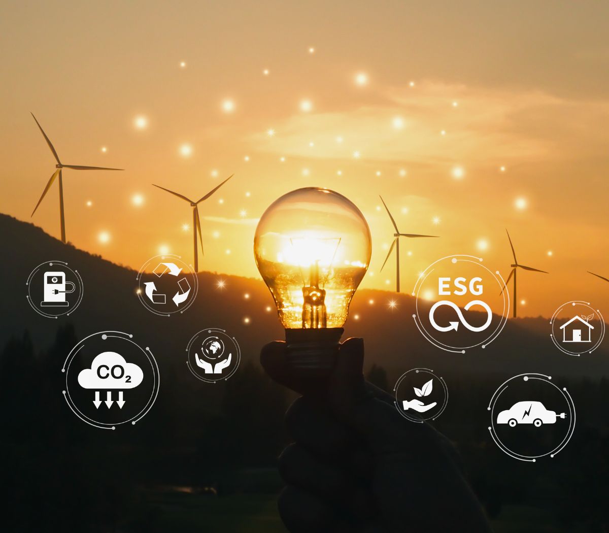 Glühbirne mit Windrädern und ESG