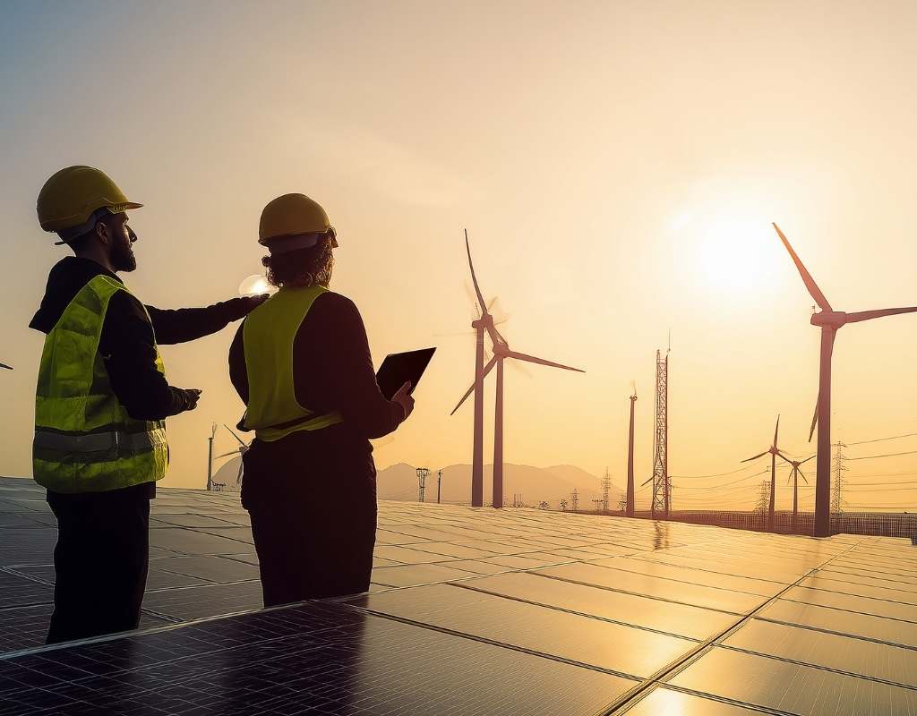 Zwei Fachkräfte prüfen Solaranlage und Windräder bei Sonnenaufgang – Symbolbild für nachhaltige Energieversorgung mit Wärmepumpe im Unternehmen