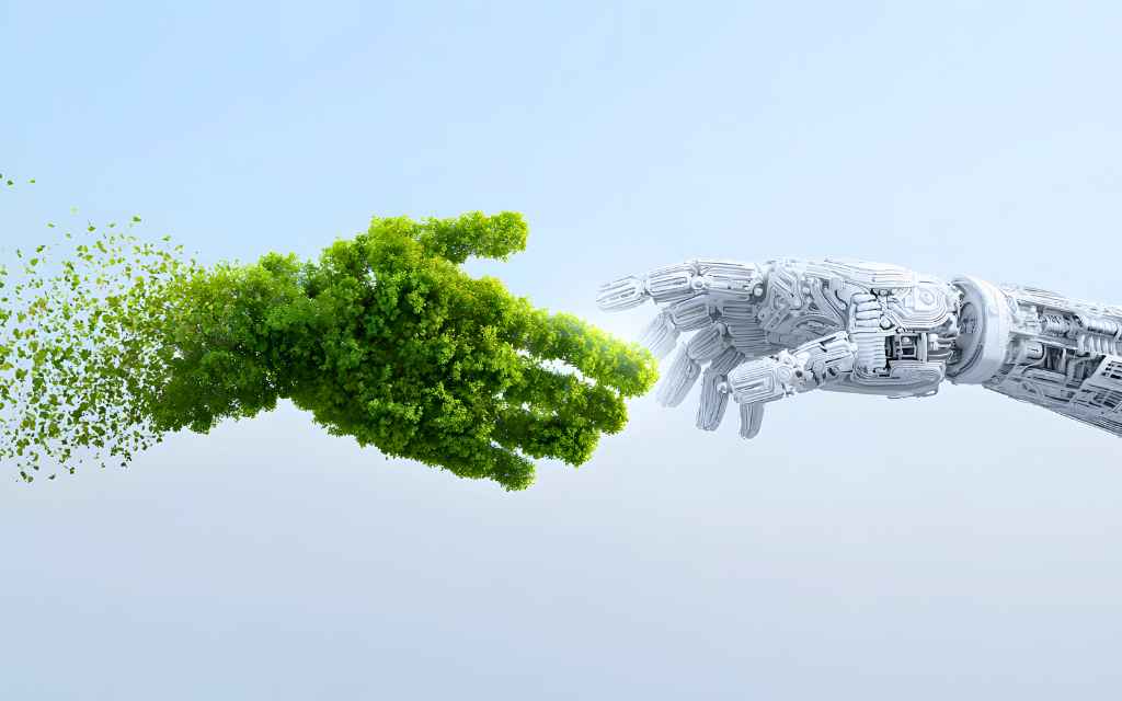 Roboterhand und grüne Naturhand berühren sich – Symbol für die Verbindung von Innovation und Nachhaltigkeit