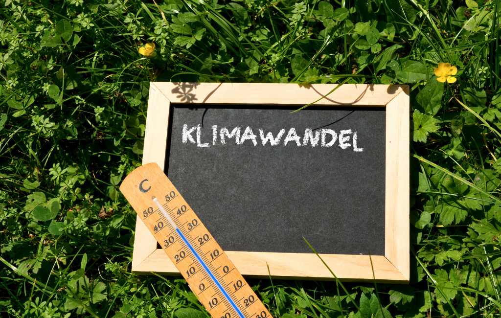 Kreidetafel mit Schriftzug „Klimawandel“ und Thermometer – Symbolbild für die Folgen auf die Stromversorgung