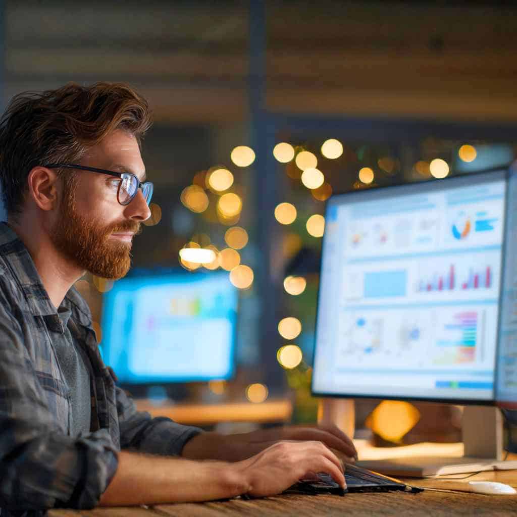 Mann analysiert Energieverbrauchsdaten auf Monitor – Symbolbild für Energiemanagementsysteme in Unternehmen