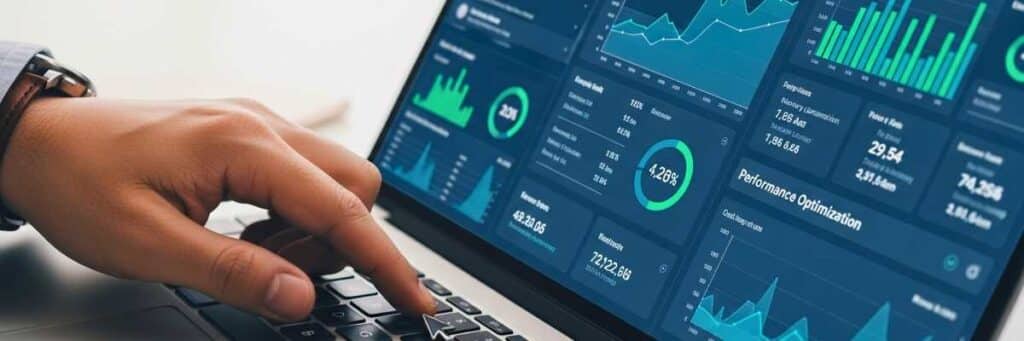 Hand bedient einen Laptop mit Energie-Dashboard, das Verbrauchsdaten, Diagramme und Optimierungskennzahlen anzeigt.