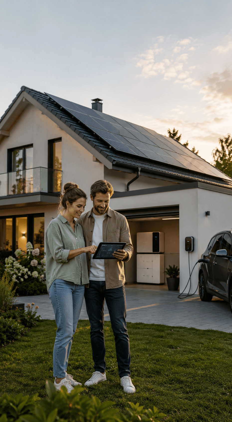 Familie vor Einfamilienhaus mit Photovoltaikanlage, Batteriespeicher und Wallbox informiert sich über die EMS-Förderung für Privathaushalte.