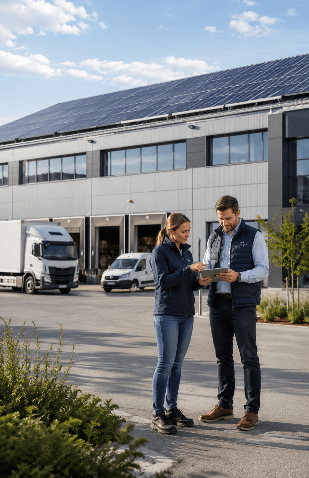 Mitarbeitende eines Unternehmens besprechen vor einem Firmengebäude mit Photovoltaikanlage die Einführung eines Energiemanagementsystems.