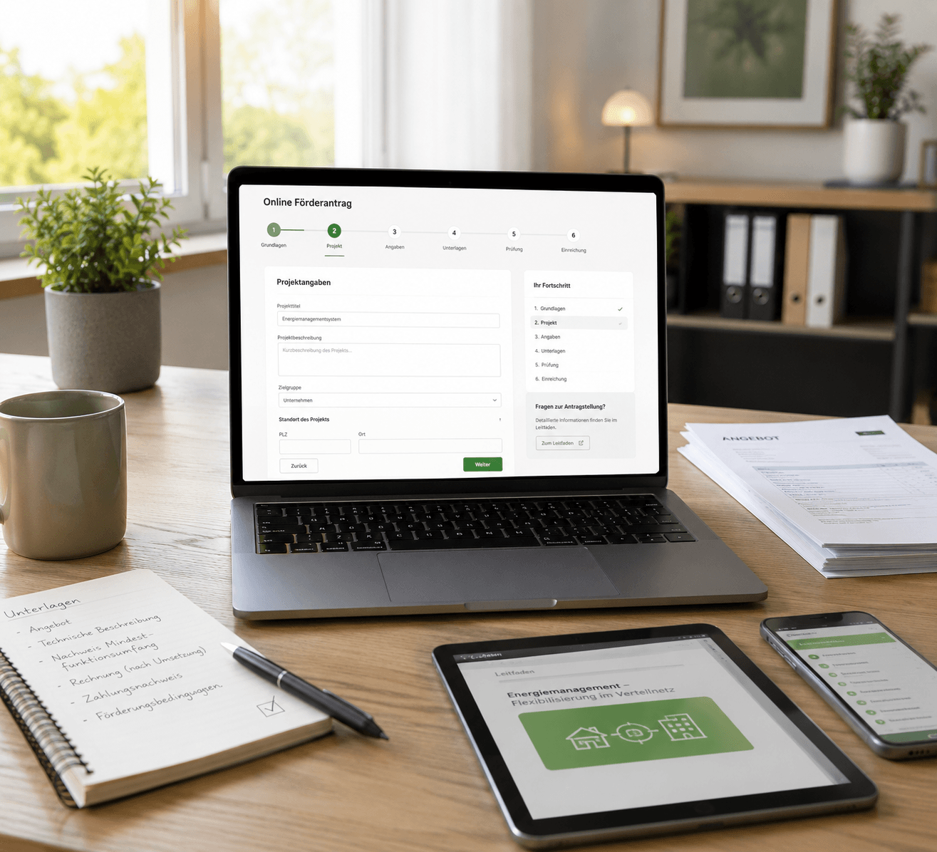 Laptop mit digitalem Förderantrag für ein Energiemanagementsystem sowie vorbereitete Unterlagen auf einem Schreibtisch.