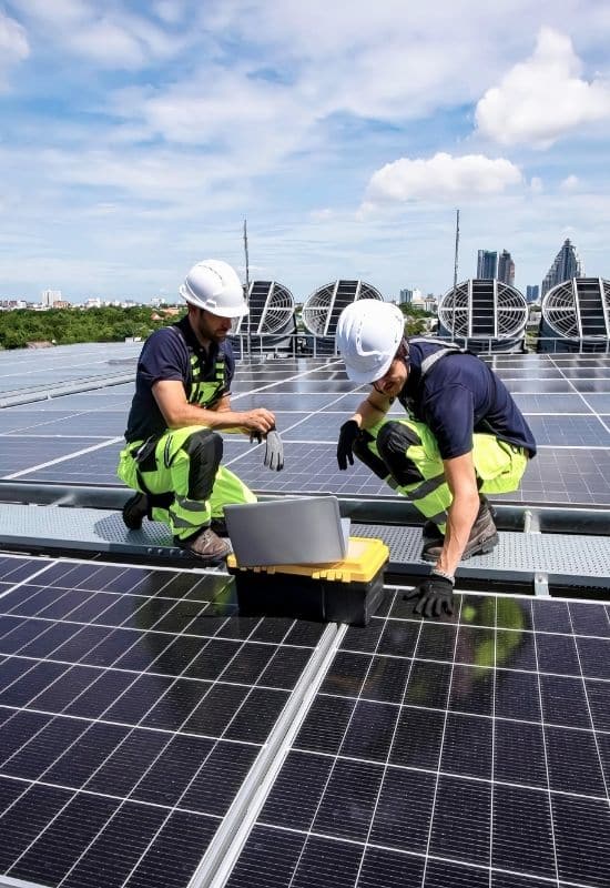Techniker analysieren eine Photovoltaikanlage als Grundlage für eine wirtschaftliche Energieoptimierung im Unternehmen.
