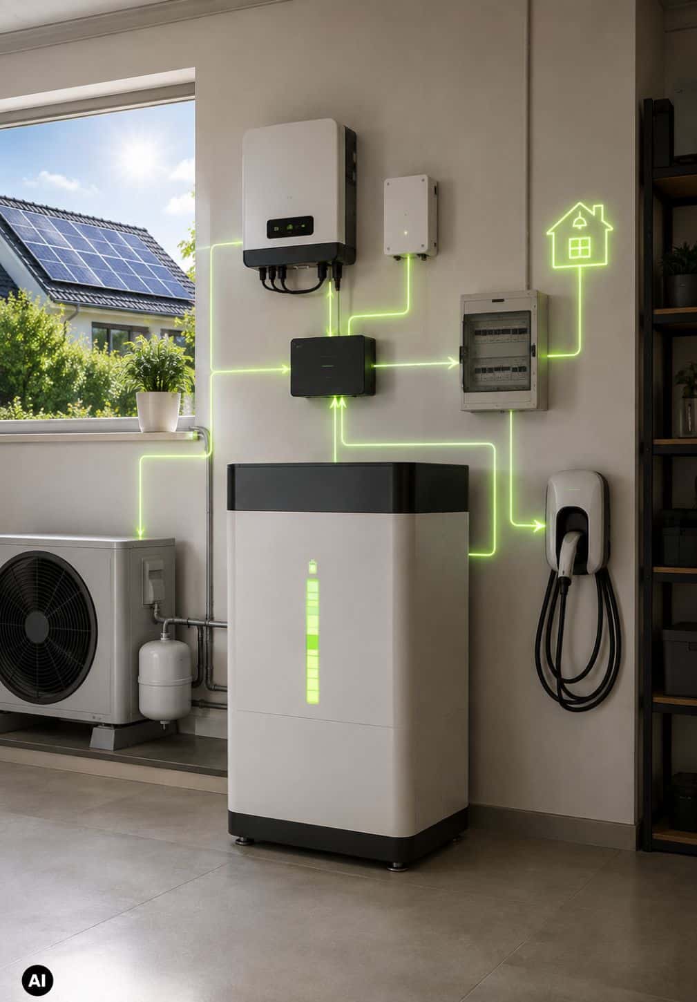 Intelligent vernetzter Stromspeicher mit Photovoltaik, Wärmepumpe und Wallbox im Einfamilienhaus