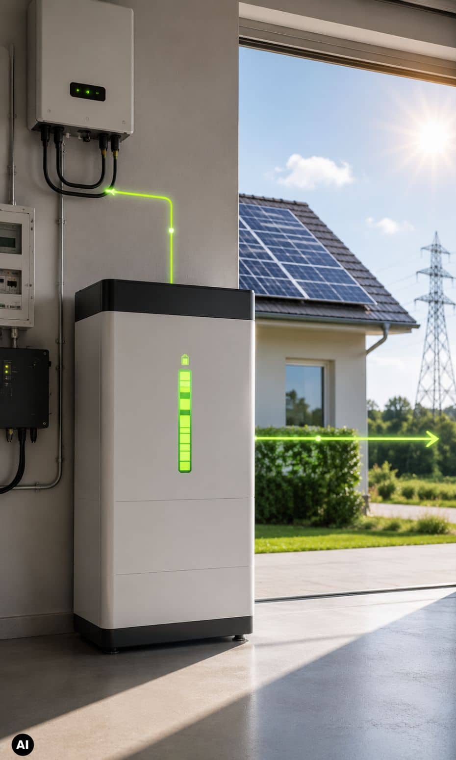 Voll geladener Stromspeicher bei hoher Solarstromproduktion einer Photovoltaikanlage