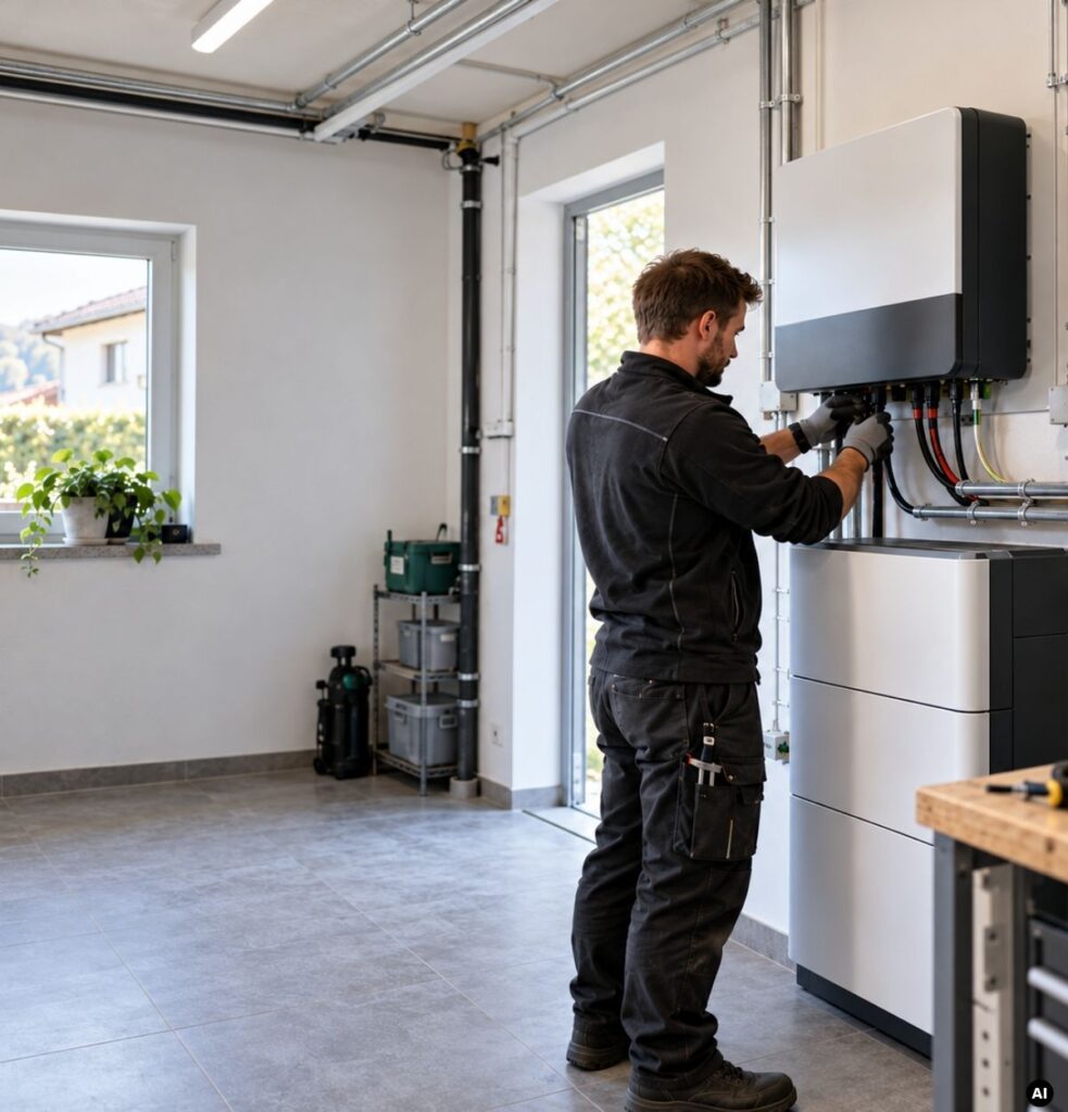 Montageelektriker installiert ein PV- und Stromspeichersystem für moderne Energielösungen von Energy+ in Oberösterreich.