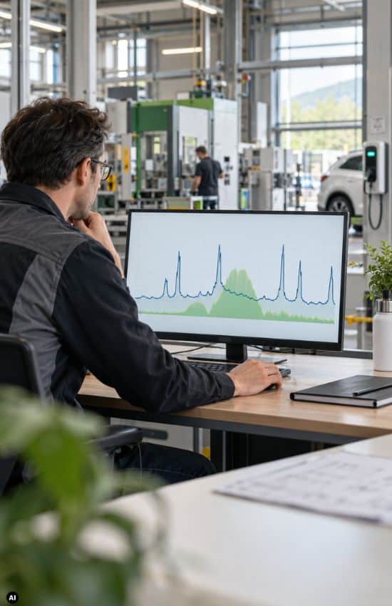 Mitarbeiter analysiert Lastgangmuster mit Lastspitzen, PV-Erzeugung und Ladeinfrastruktur im Unternehmen
