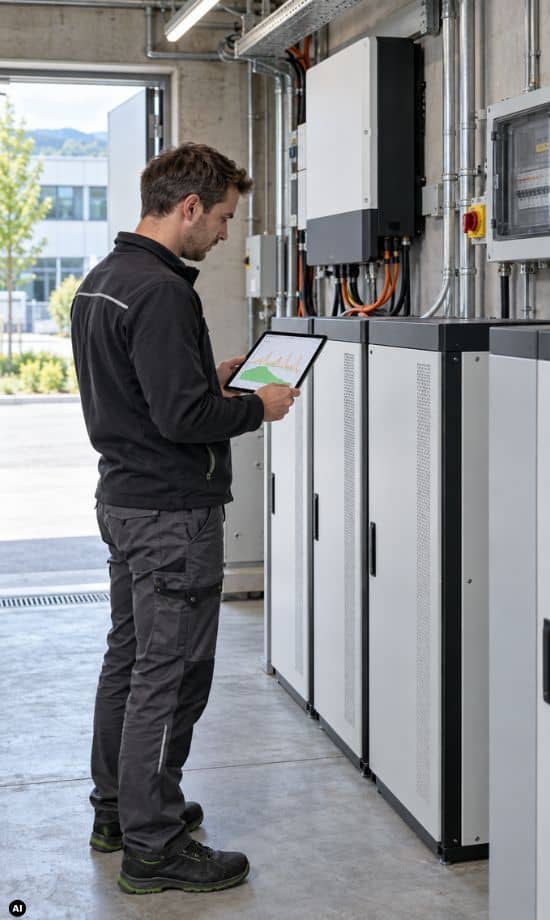 Techniker prüft Batteriespeicher und Lastspitzen für Peak Shaving im Unternehmen